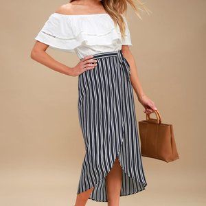 Lulus Navy Start Anew Blue and White Striped Wrap Midi Skirt